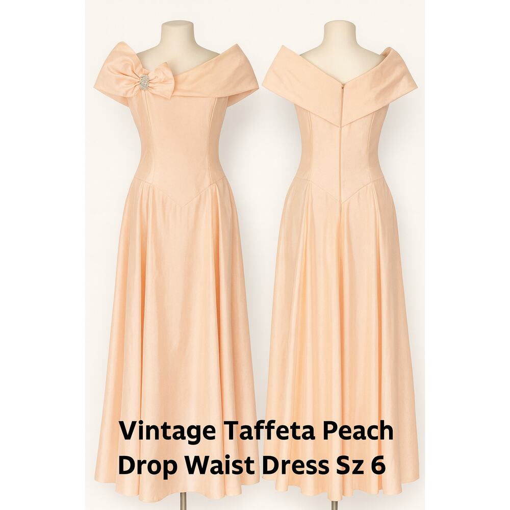 Vintage 1950s Peach Taffeta Off-Shoulder Drop-Waist Gown Rhinestone Bow Size 6